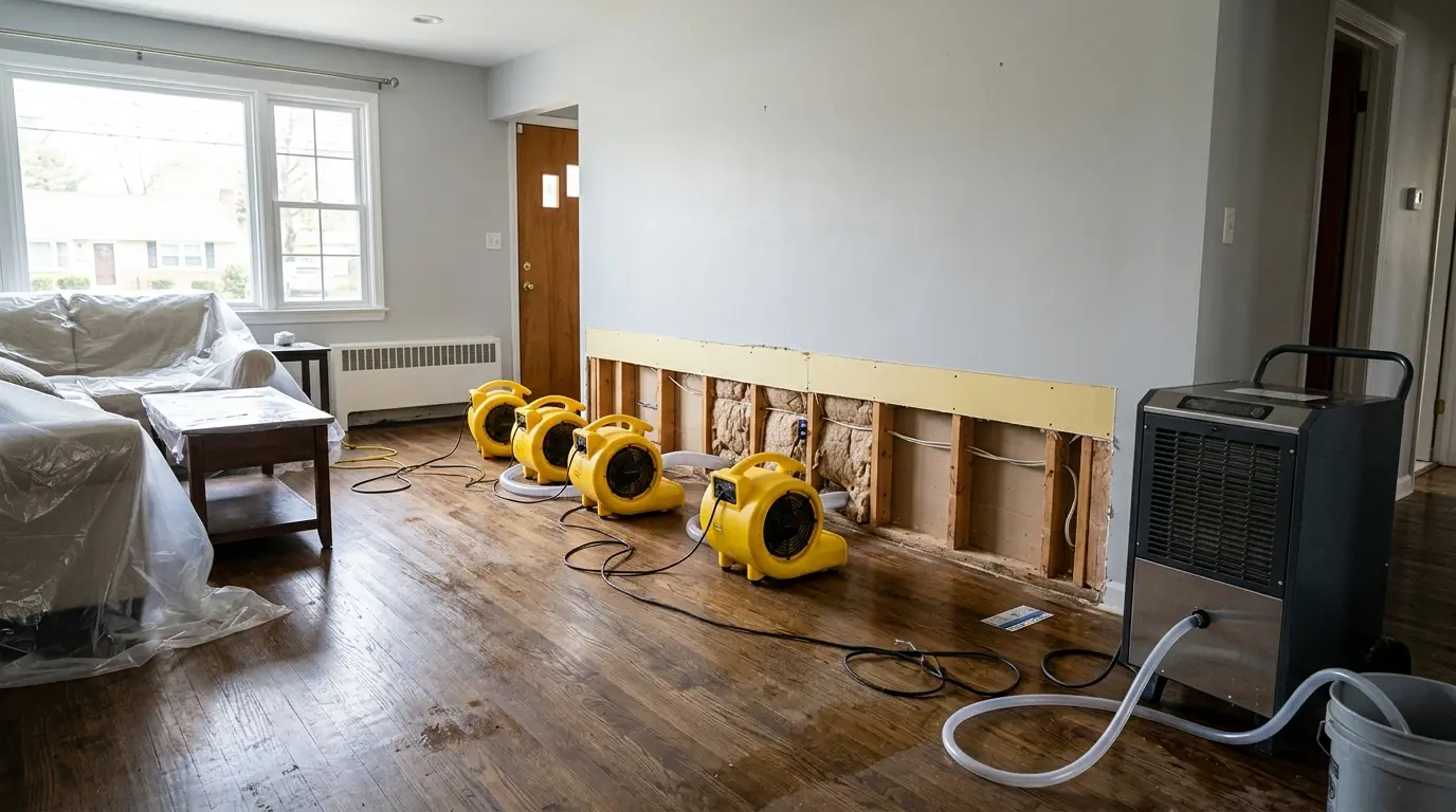 Gold Tech Restoration crew running air movers and dehumidifiers during structural drying in Bellport